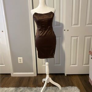Garage Brown Satin Strapless Mini Dress